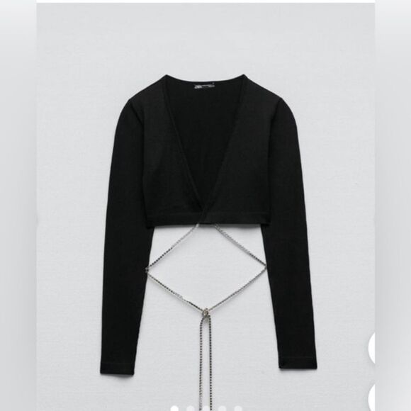 NWT ZARA NWT Zara BLACK SEAMLESS Contour RHINESTONE MESH Shirt Crop Top Plunge C - Picture 2 of 8